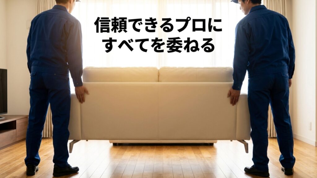 梱包から設置までプロに任せる家財おまかせ便の安心感をイメージしたスライド