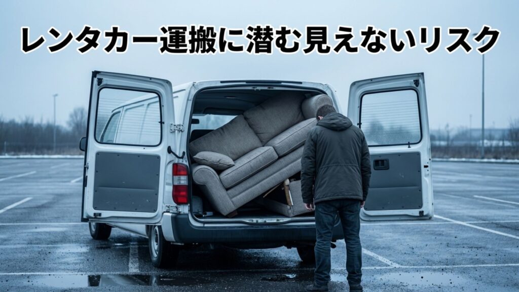 レンタカーを使った自力運搬に潜む破損や事故などのリスクを啓発するスライド