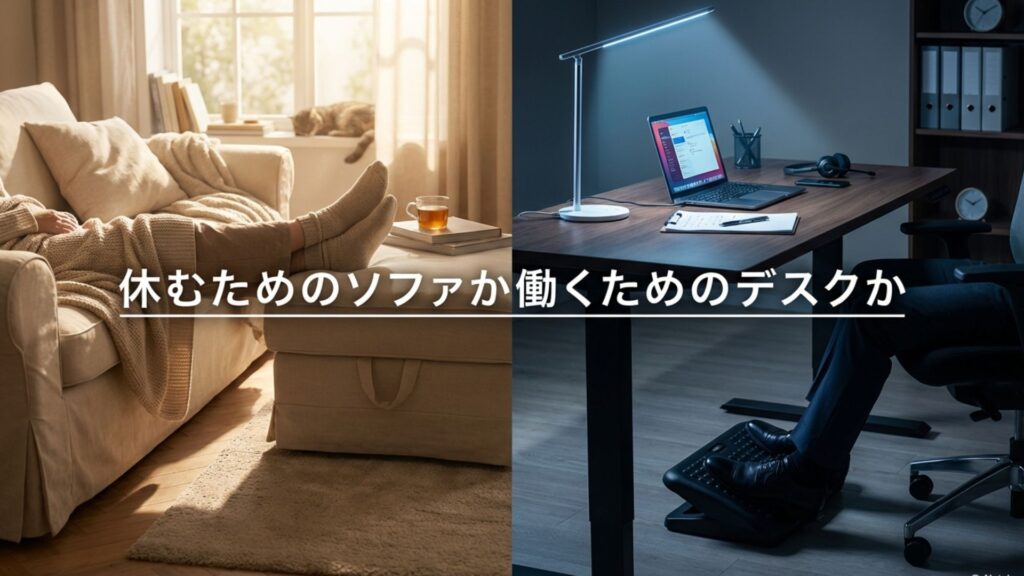 休むためのソファ(オットマン)か、働くためのデスク(フットレスト)かの用途の違いを対比させたイメージ。