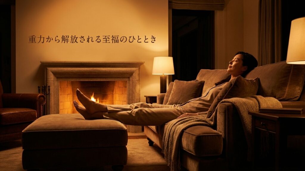 足を浮かせることで重力から解放され、至福のリラックスタイムを過ごしている様子を表すキャッチコピー。