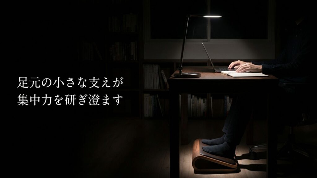 デスク下での小さな足の支えが集中力を研ぎ澄ますという、仕事環境でのフットレストの効果。