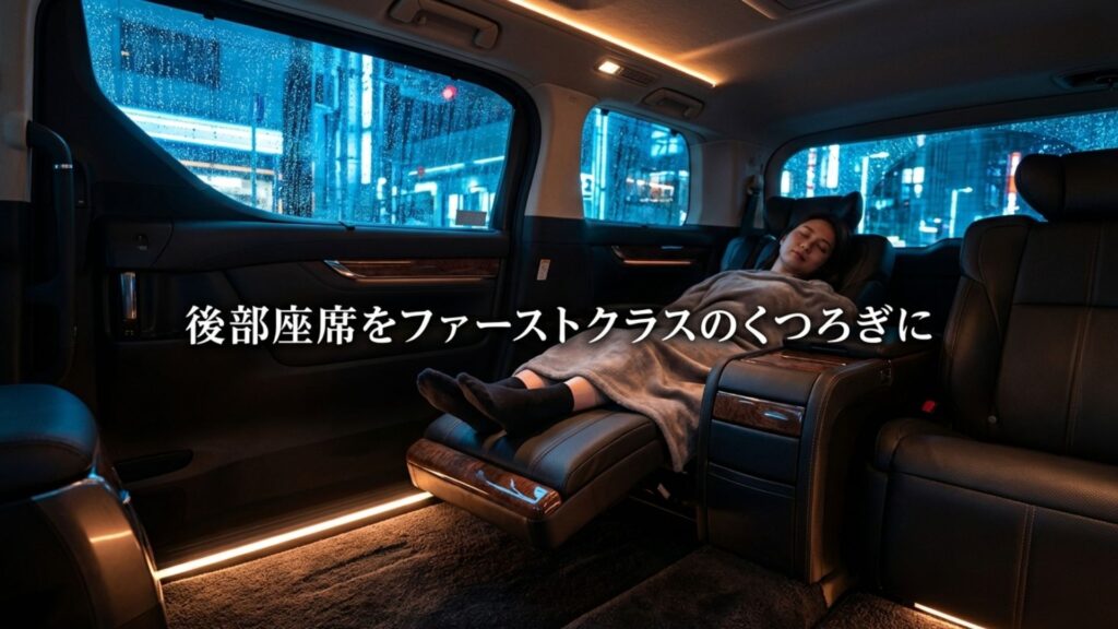 車の後部座席に足置きを設置し、ファーストクラスのような快適なくつろぎ空間を演出するイメージ。