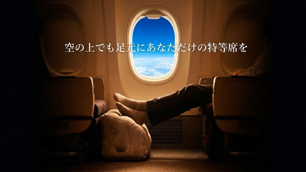 飛行機の機内で足元に特等席を作るという、トラベル用フットレストの活用のすすめ。
