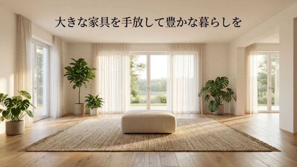 大きな家具を手放して豊かな暮らしを実現したリビングの中央に置かれたオットマン