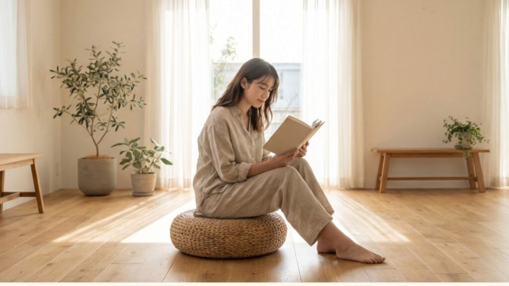 ソファを手放すという新しい自由を表す、オットマンに座ってくつろぐ女性の様子