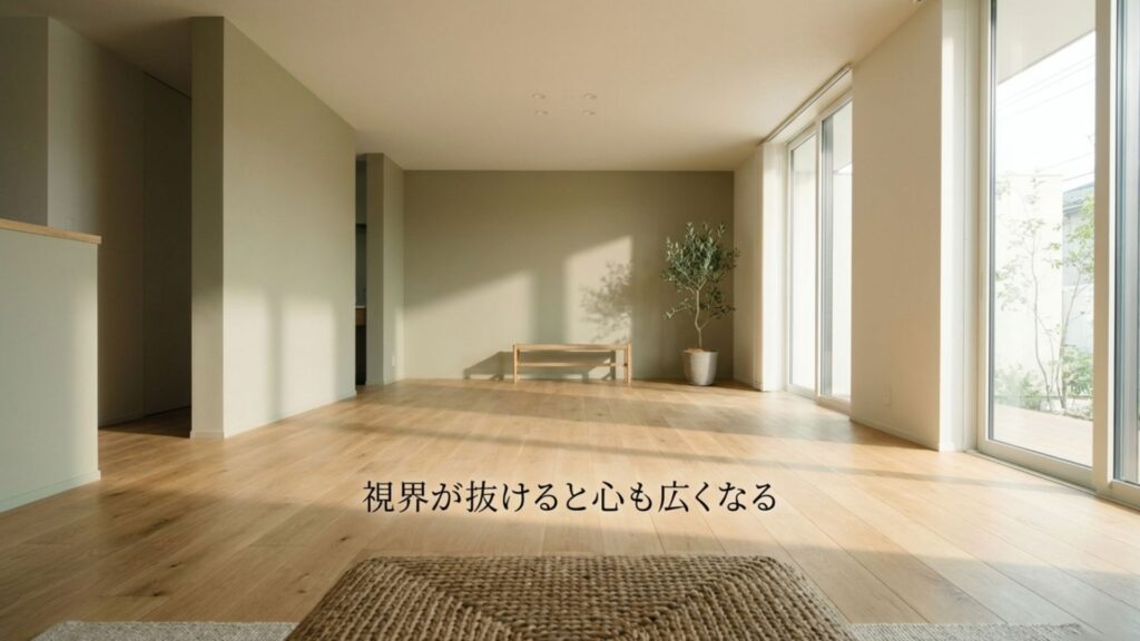 視界が抜けると心も広くなる、ソファを手放した広々とした部屋のイメージ