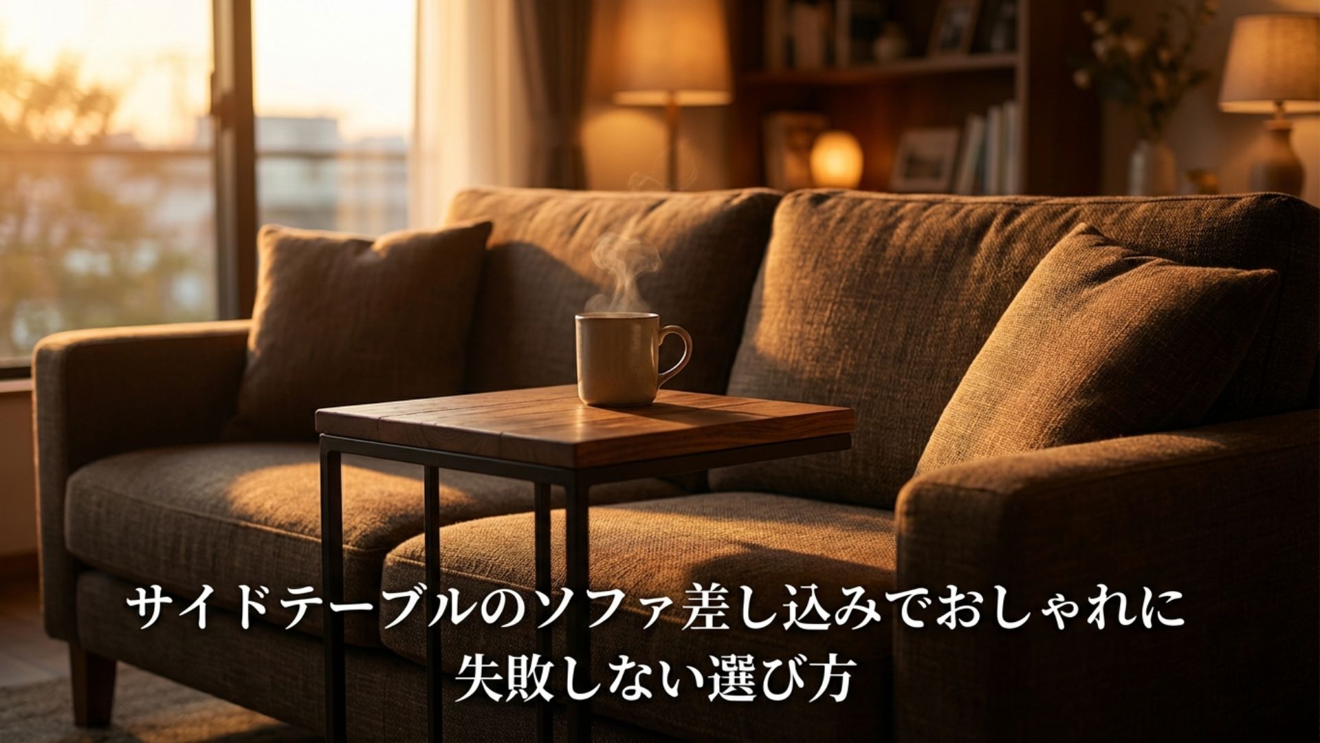 ソファに差し込まれたサイドテーブルに置かれたグラスに手を伸ばす様子と、「サイドテーブルのソファ差し込みでおしゃれに 失敗しない選び方」というタイトル文字