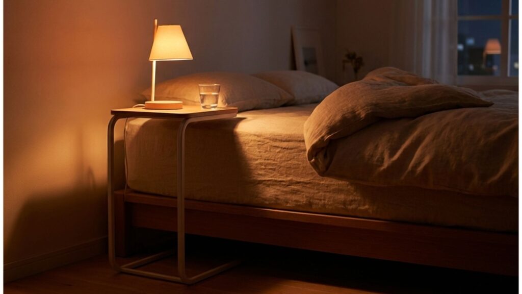 ベッドサイドに置かれた、読書灯や水が置ける汎用性の高いサイドテーブル