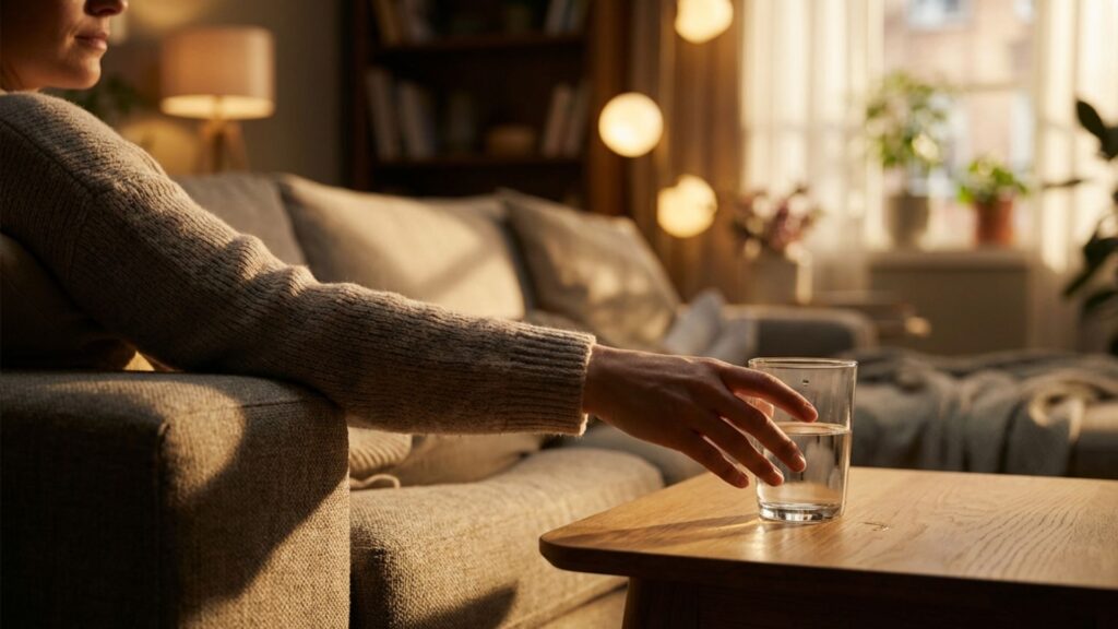 ファに座り、サイドテーブルの上のグラスに無理なく手が届く様子。高さの重要性を示すイメージ