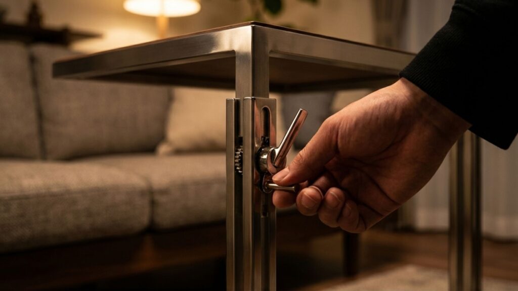 サイドテーブルの高さ調整レバーを操作し、暮らしの変化に対応する様子