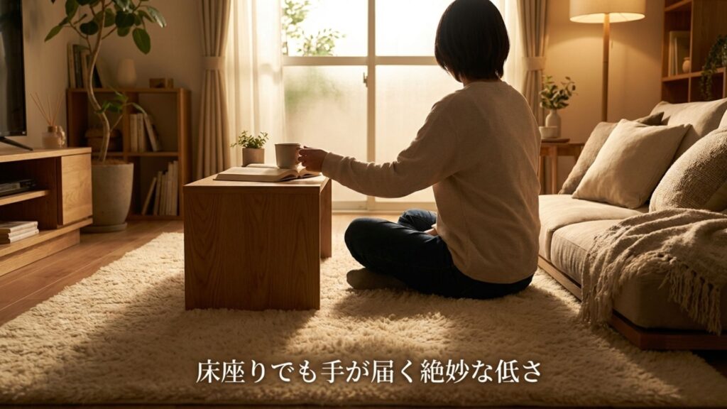 床に座ったままでも手が届く、絶妙な低さのサイドテーブル