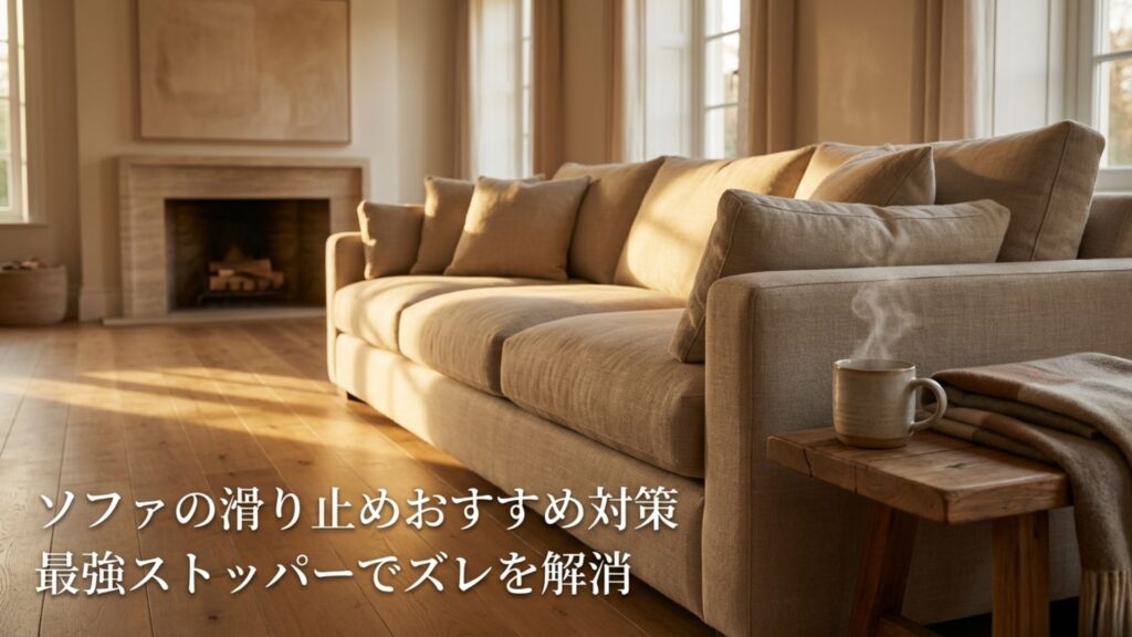 ソファの滑り止めおすすめ対策、最強ストッパーでズレを解消というタイトルの表紙画像
