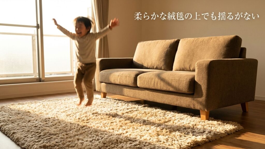 柔らかな絨毯の上でも揺るがないというテキストと、ソファの前で跳ねる子供の画像