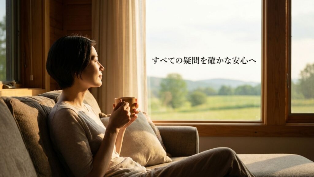 すべての疑問を確かな安心へというテキストと、ソファでくつろぐ女性の画像