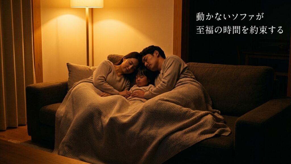 動かないソファが至福の時間を約束するというテキストと、ソファで眠る家族の画像