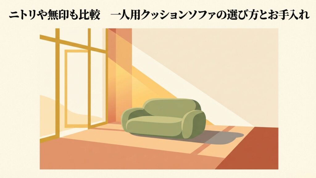 日当たりの良い部屋に置かれた一人用クッションソファのイラスト