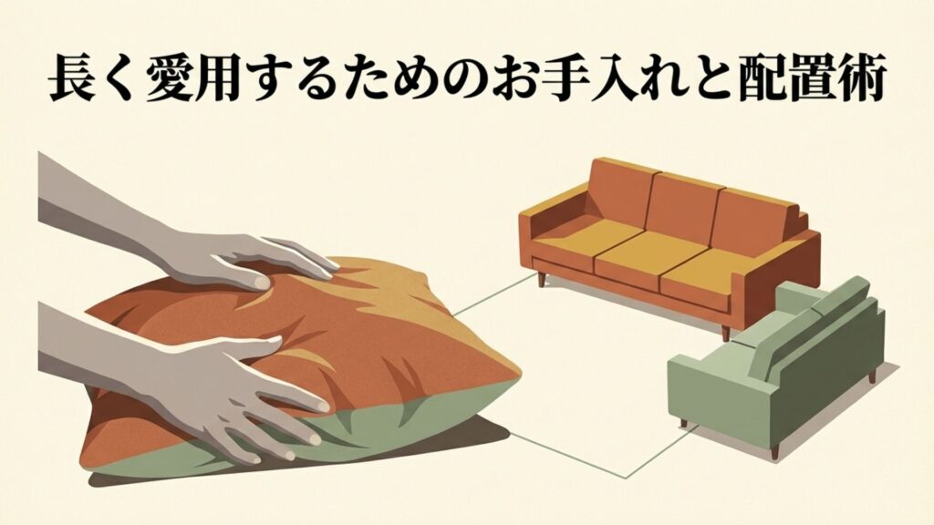 長く愛用するためのお手入れと配置術を示すイラスト