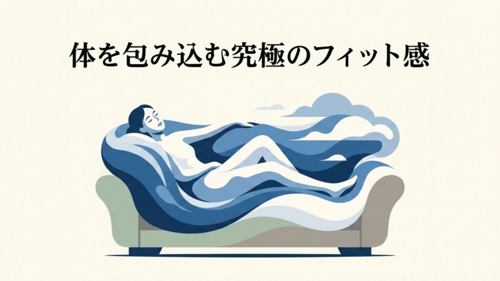 体を包み込む究極のフィット感を表現したビーズクッションでくつろぐ人物