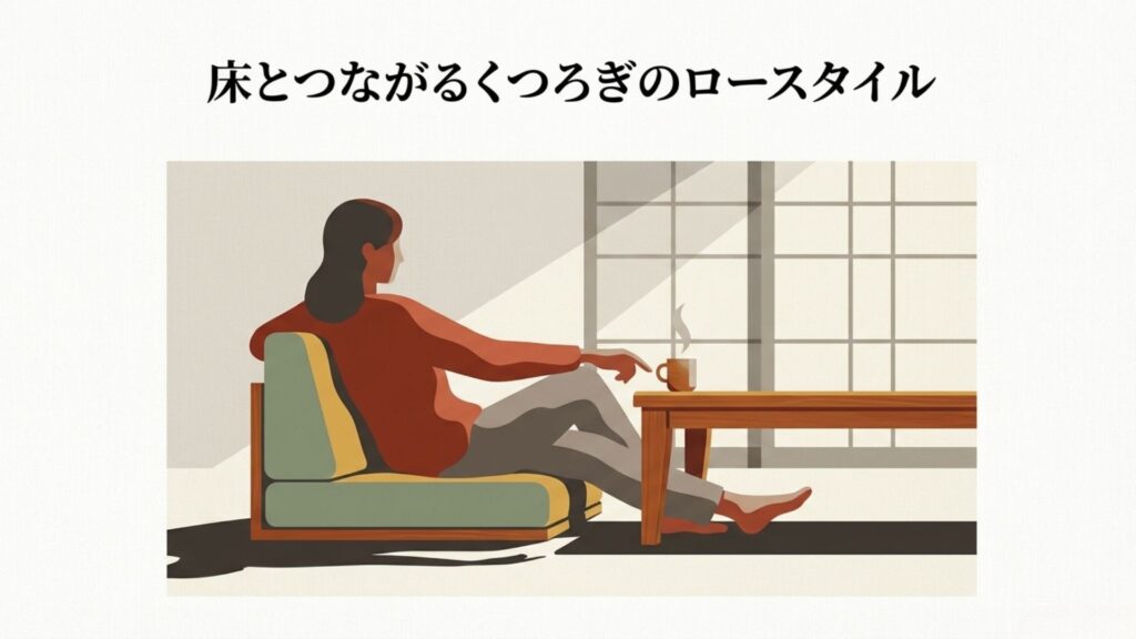 床とつながるくつろぎのロースタイルでリラックスする人物のイラスト