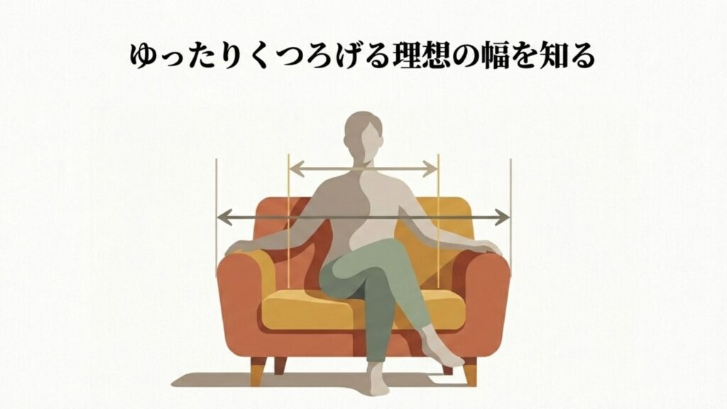 ゆったりくつろげる理想の幅を知るための、座面幅と体格の図解