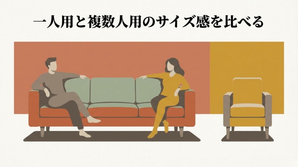 一人用と複数人用のサイズ感を比べるソファの比較イラスト