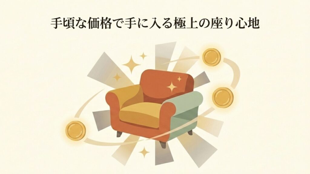 手頃な価格で手に入る極上の座り心地を表現したソファのイメージ