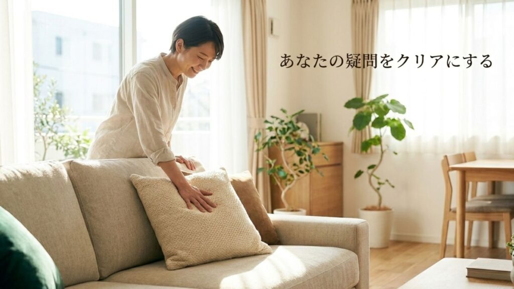 「あなたの疑問をクリアにする」というメッセージとソファのクッションを整える女性