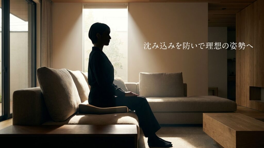 「沈み込みを防いで理想の姿勢へ」というメッセージと正しい姿勢で座る女性のシルエット