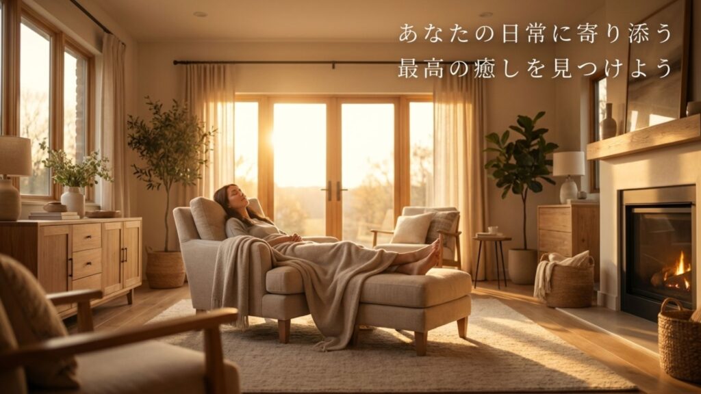 あなたの日常に寄り添う最高の癒しを見つけようというテキストと暖炉の前でくつろぐ様子