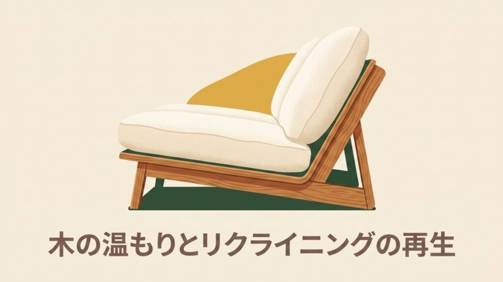 木の温もりを感じる無印良品などのリクライニングソファの再生イメージ