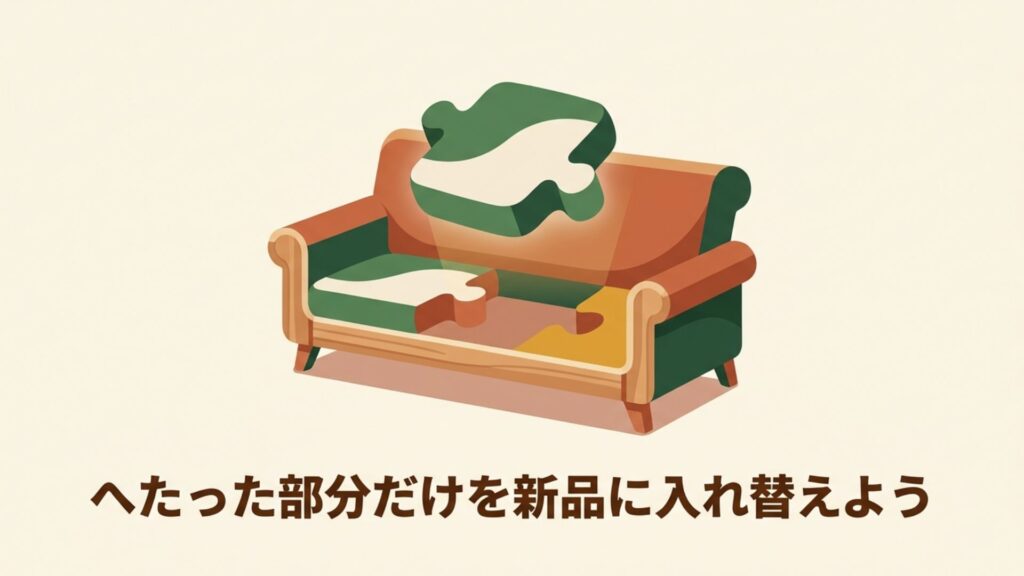 ソファのへたった座面クッション部分だけをパズルのように新品に入れ替えるイメージ