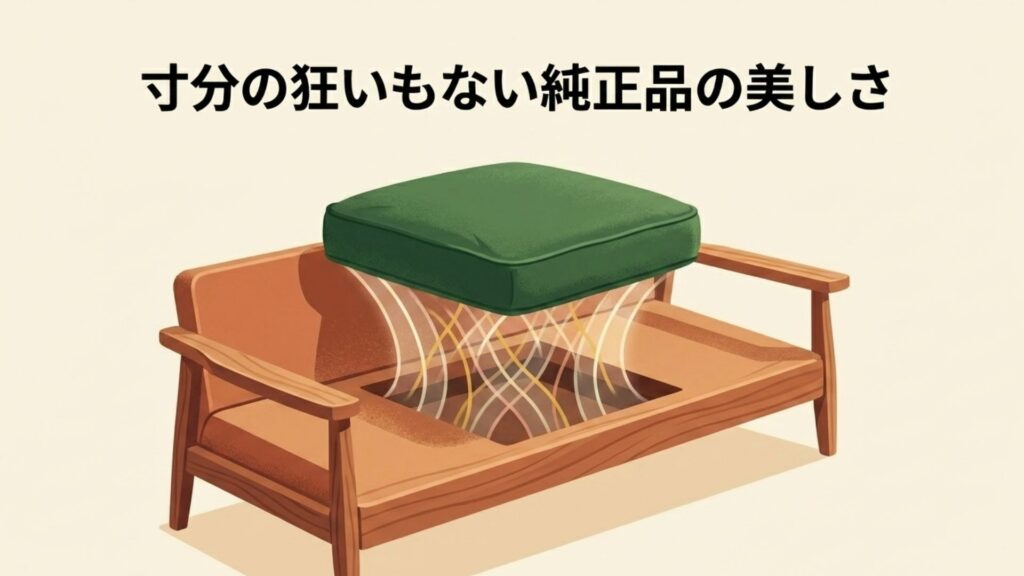 寸分の狂いもなく木枠フレームに収まる純正品クッションの美しさ