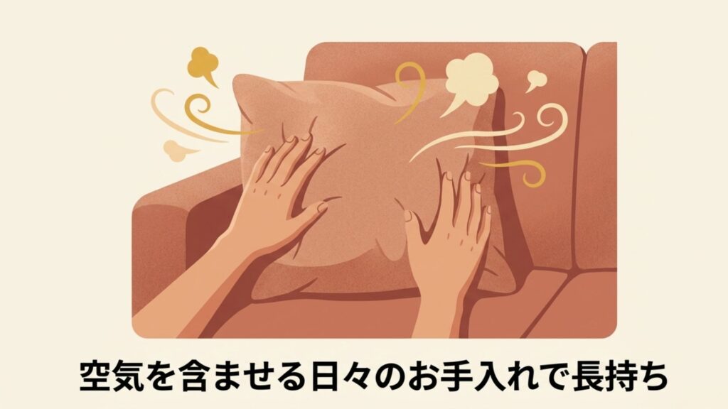 ソファクッションを手で叩いて空気を含ませる日々のお手入れの様子