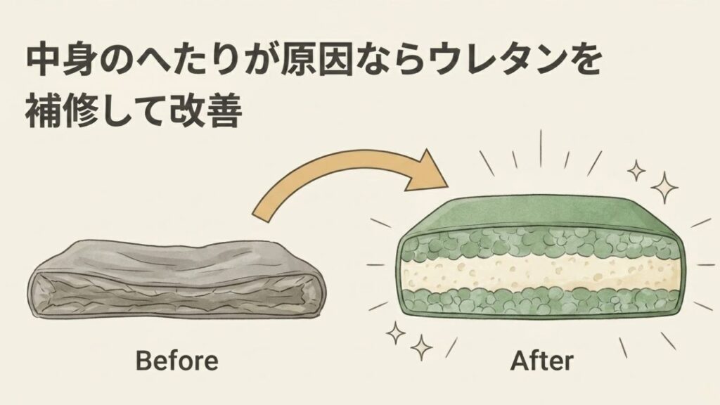 へたって潰れたクッション（Before）と、ウレタンを補修してふっくらと厚みが出たクッション（After）の比較図