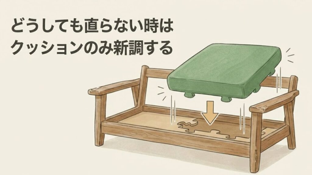 木枠のソファフレームから、古い座面クッションを取り外している様子
