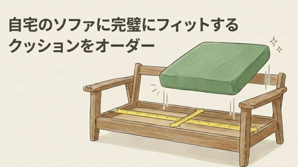 木枠のソファフレームの内寸（幅と奥行き）をメジャーで正確に測っている図