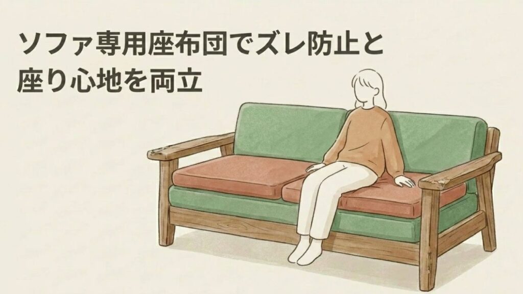ソファの座面の上に専用の座布団を重ねて敷き、その上に女性が座ってくつろいでいる様子