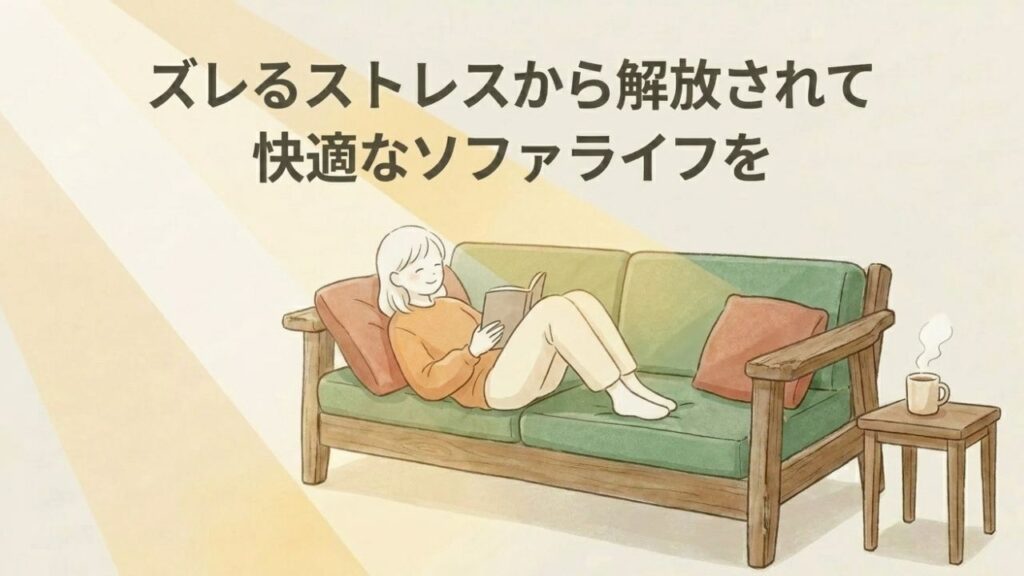 ズレが解消された快適なソファで、女性がリラックスして本を読んでいるイラスト