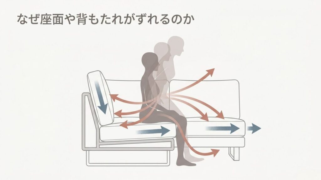 ソファに座る人が前方に滑り出す動きと、クッションにかかる力の方向（矢印）を示した図解