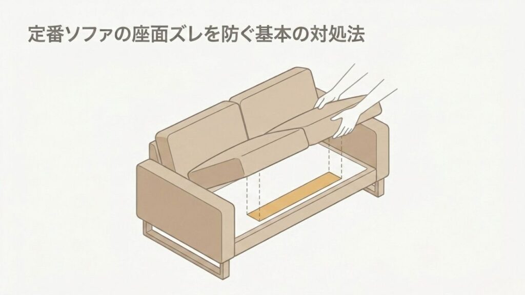 ソファの座面クッションを持ち上げ、本体との間に滑り止めシートを敷き込む様子