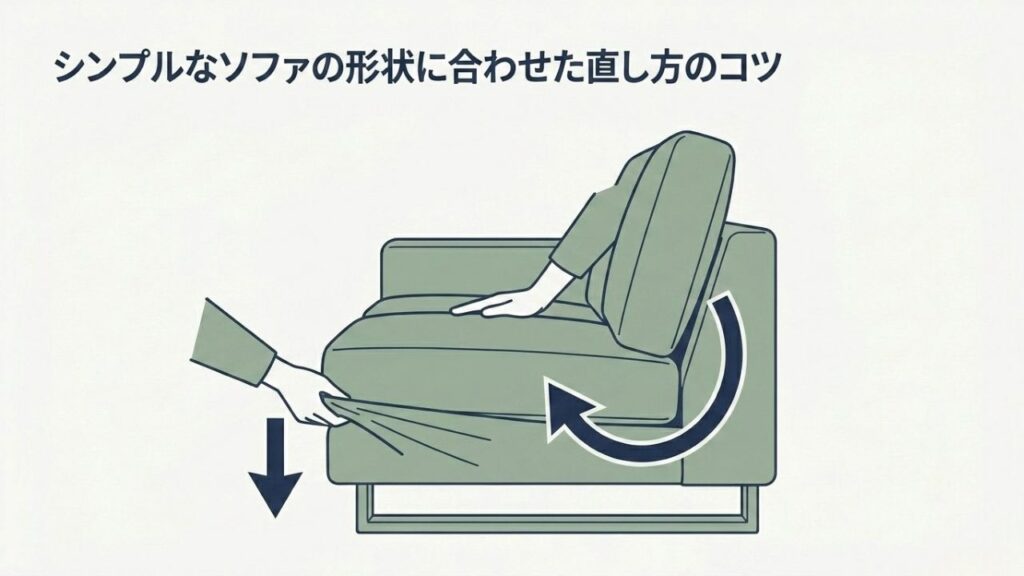 ソファの座面クッションの端を手で引っ張り、形状を整えて直す方法を示す図