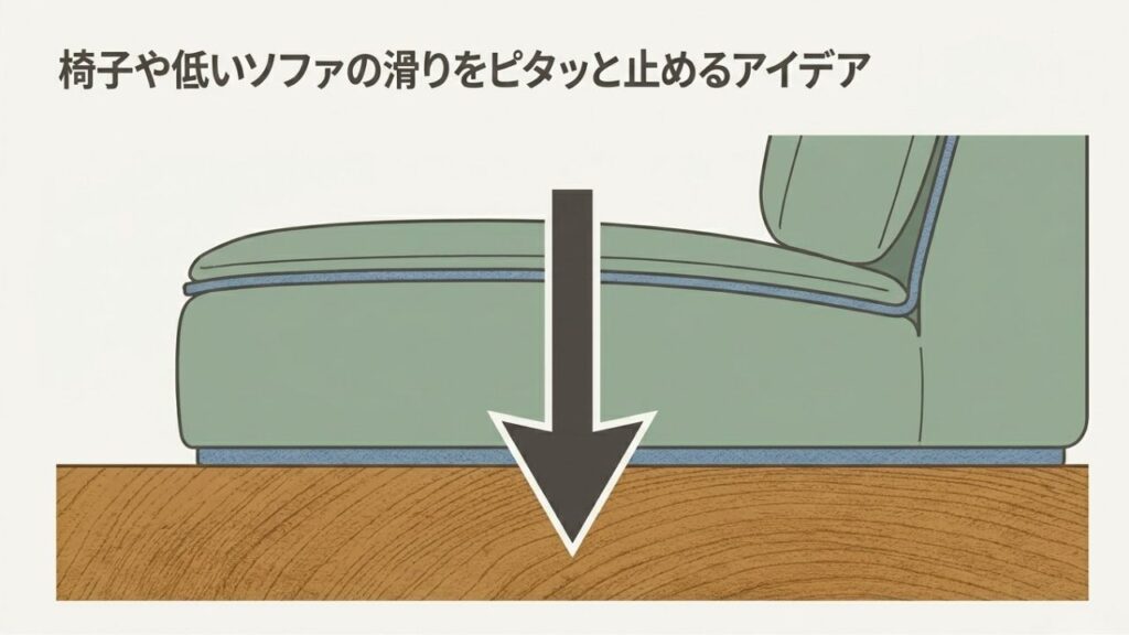 低いローソファが床（フローリング）に接している部分に下向きの矢印が示された図