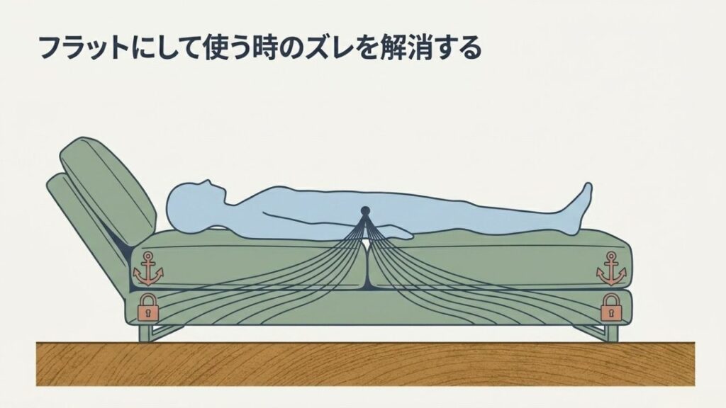 フラットにしたソファベッドに人が寝ている状態で、クッション同士を固定するイメージ図
