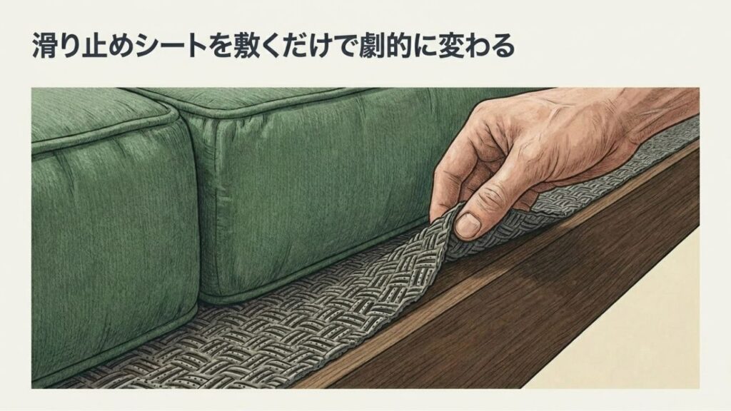 ソファ本体と座面クッションの間に、網目状の滑り止めシートを手で敷き詰めている様子