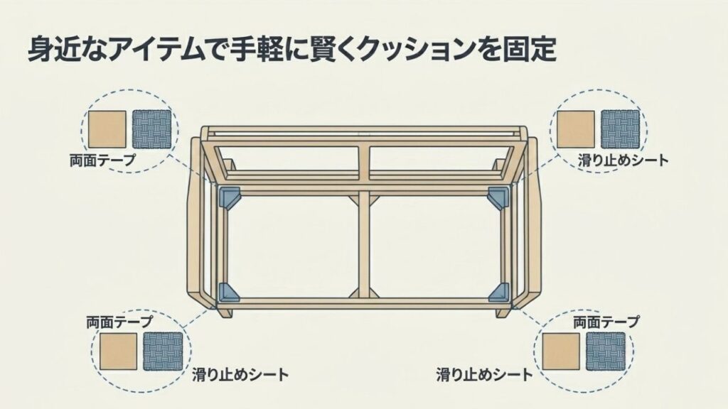 ソファフレームの四隅に両面テープや滑り止めシートを配置する位置を示した見取り図