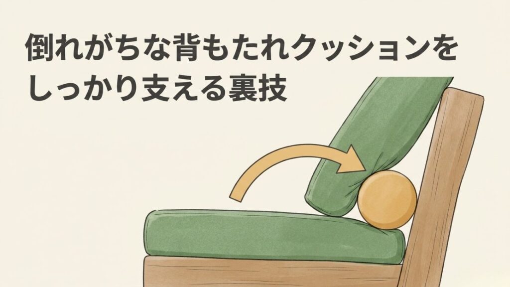 ソファの背もたれクッションをしっかり支えて固定するための裏技のイメージ図
