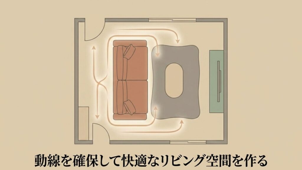ソファの周囲に通路幅を確保したリビングの生活動線図