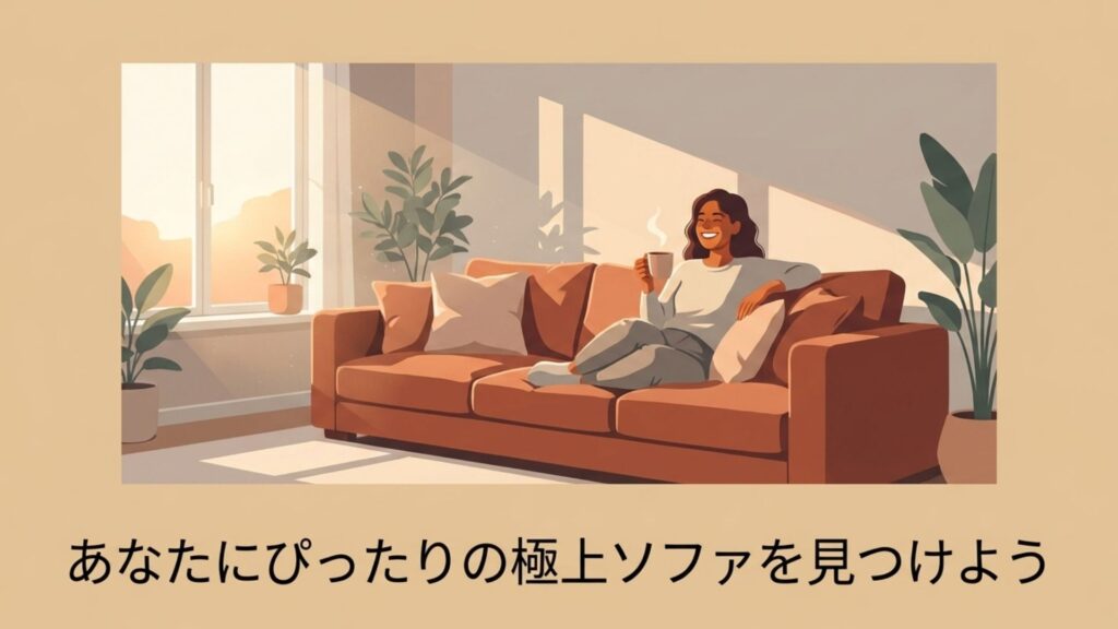 日当たりの良いリビングで広いソファにくつろぐ笑顔の女性