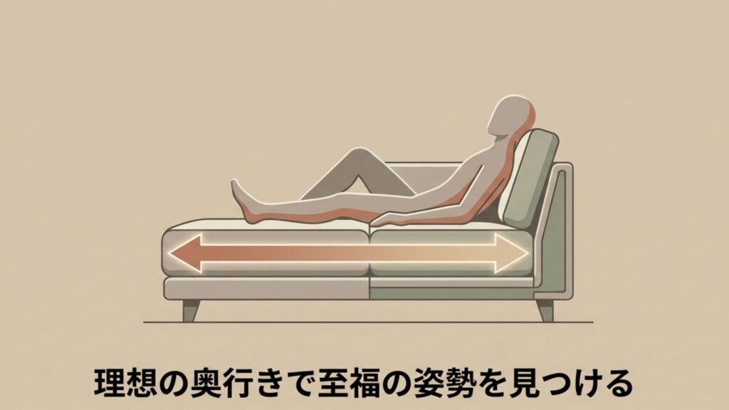 座面奥行きが広いソファで足を伸ばして横たわる人物の図解