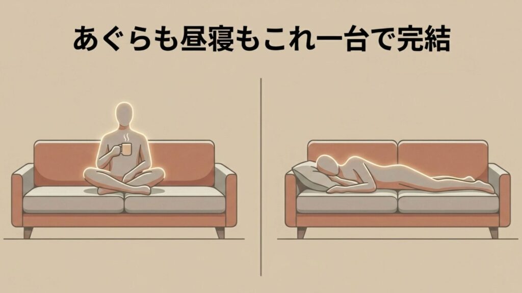 ソファの上であぐらをかきながらコーヒーを飲む人物のイラスト